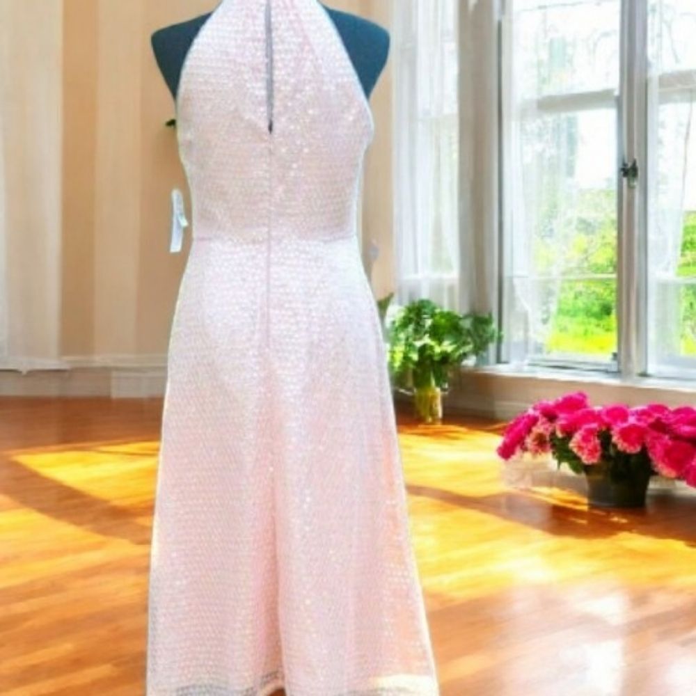 Aidan Mattox Sequined Rose Quartz Halter Midi Dress New with Tags - Picture 2 of 13